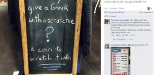 No comedy in this Greek tragedy: Cafe cops it over “What do you give a Greek with a scratchie?” sign