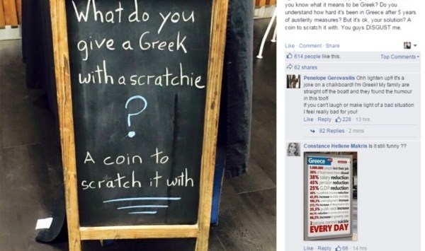 No comedy in this Greek tragedy: Cafe cops it over “What do you give a Greek with a scratchie?” sign