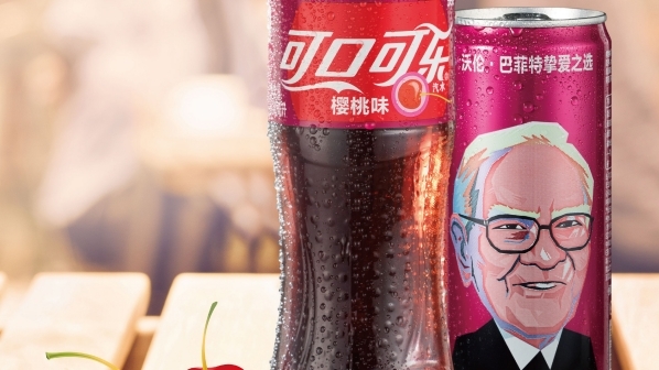 Warren Buffett's face on Cherry Coke cans