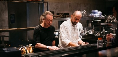 Chefs Neil Perry and Corey Costelloe in the kitchen, cooking up the Vow Food feast protein